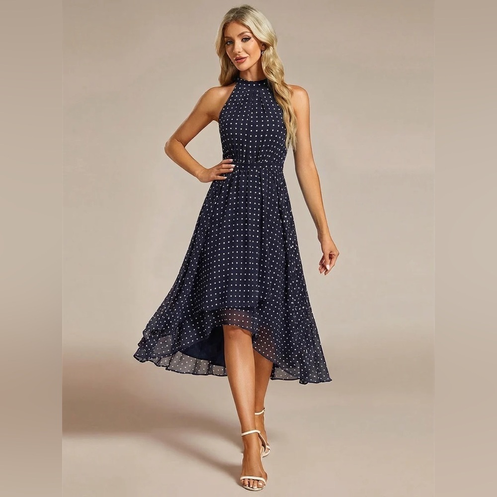 🆕 Midi Halter Neck Chiffon Wedding Guest Dress with Sleeveless and A-Line
